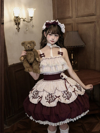 Classic Tulip Floral Embroidered Jacquard Lolita JSK Short Bubble Skirt Dress - Whispering Roses