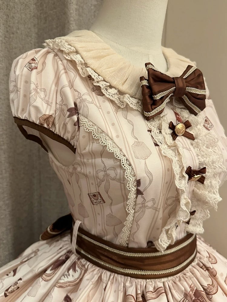 Puff Dress Lolita Print Little Brown Bear with Accents Sleeves Bow Beige Sweet Mini