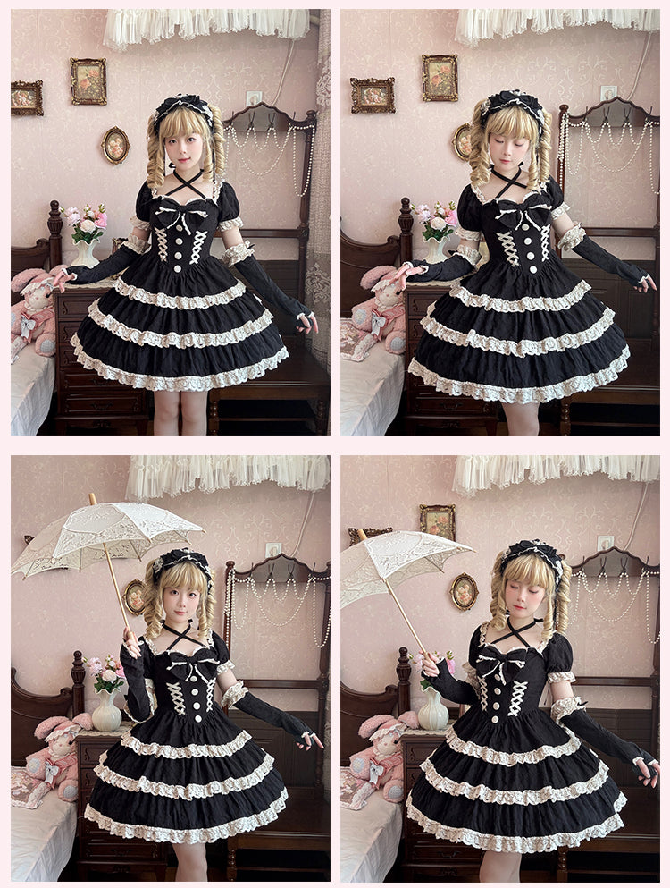 und Lolita-Taille, einteiliges Basken-Schulkleid aus Spitze, Beige, alter schwarzer Besatz