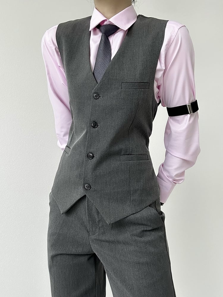 Button-Front  Gray Ouji Lolita Closure V-Neck Vest with Suit