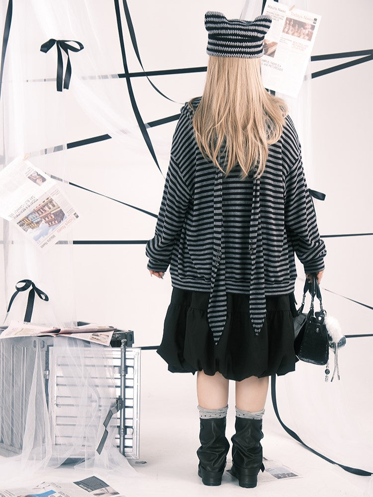 Skirt Hooked Black Plus Elastic Bubble with Knee-Length Waist Size Pockets