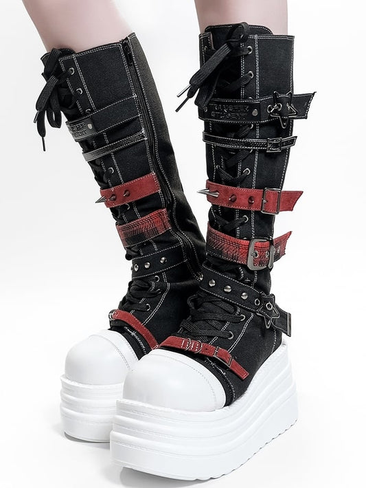 Fastening Boots Platform Punk System Red Black Canvas Hybrid in