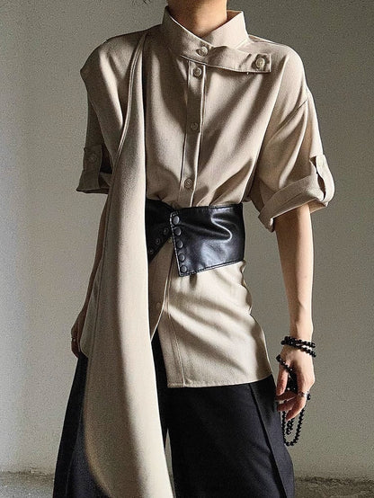 Button Unisex Khaki Extended Short Sleeve Shirt with Collar Stand