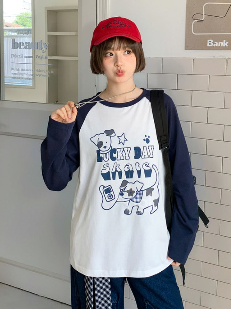 Top White/Blue Colorblock Design Adorable Puppy Print Loose