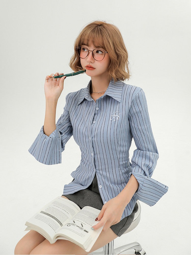 School-Style Blue Striped Long-Sleeve Shirt - Girlyhalo