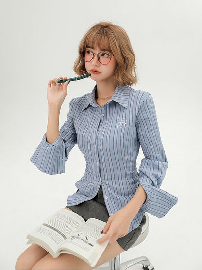 School-Style Blue Striped Long-Sleeve Shirt - Girlyhalo