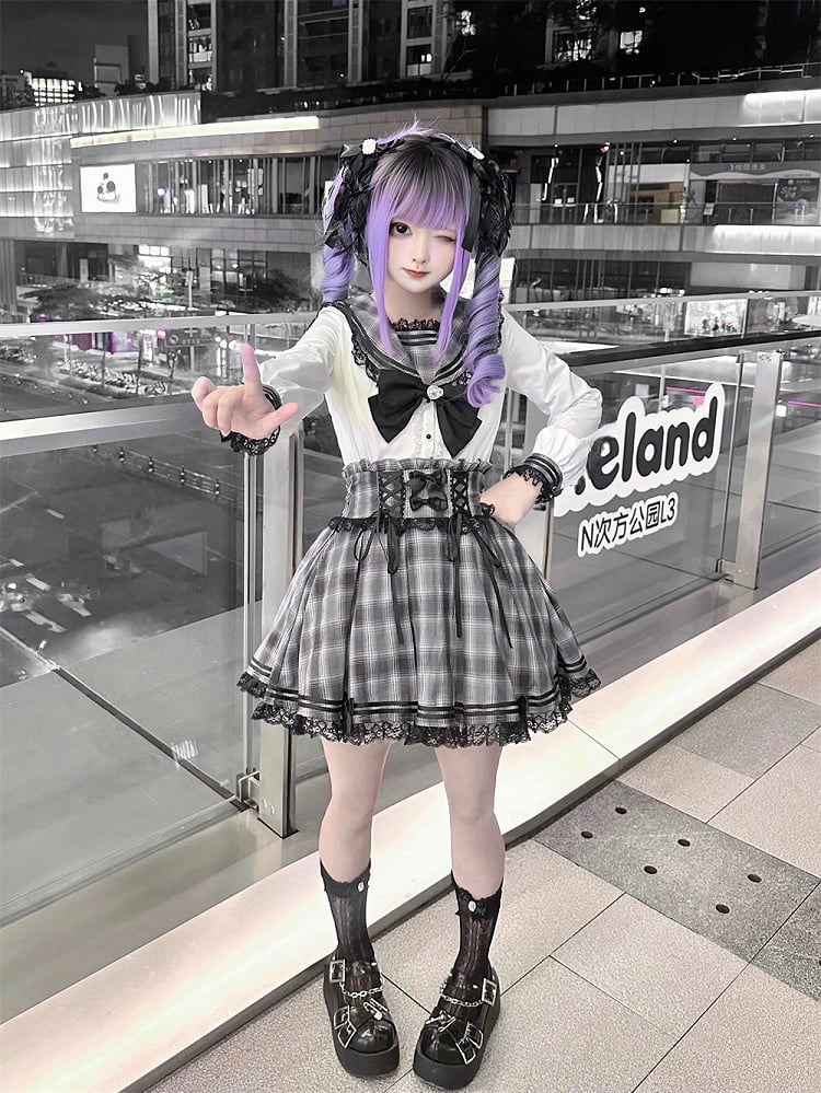 White Gray Kei Long Plaid Collar Sleeves Sailor Blouse Jirai with Bunny-Ear