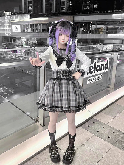 White Gray Kei Long Plaid Collar Sleeves Sailor Blouse Jirai with Bunny-Ear