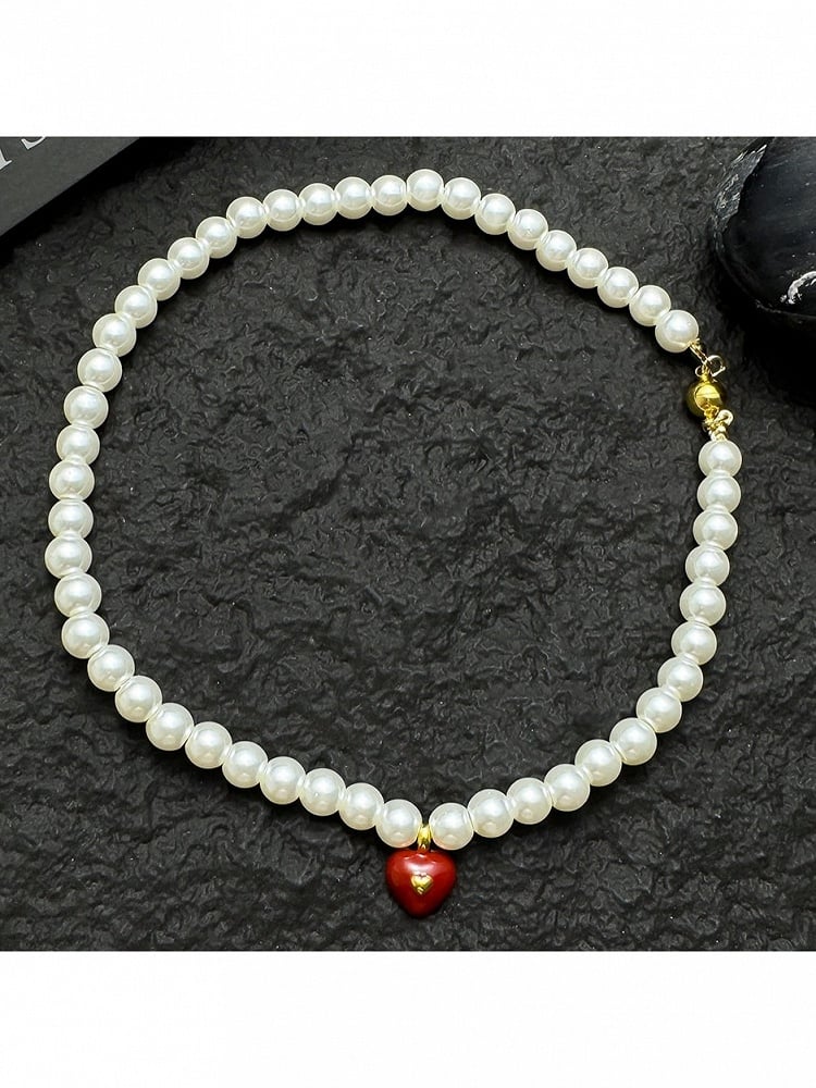 Red Heart Pendant Necklace with White Pearls - YSHXS
