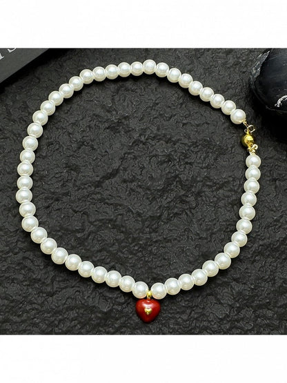 Red Heart Pendant Necklace with White Pearls - YSHXS