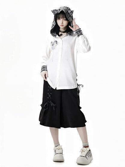 猫耳フードデザイン チェック柄サイドレースアップシフォンシャツ ホワイト