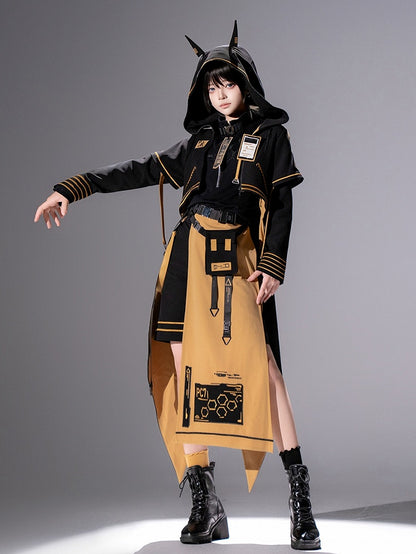 Cyberpunk Ouji Tech-Wear Black & Yellow Hooded Cropped Coat, Size S - Princess Chronicles