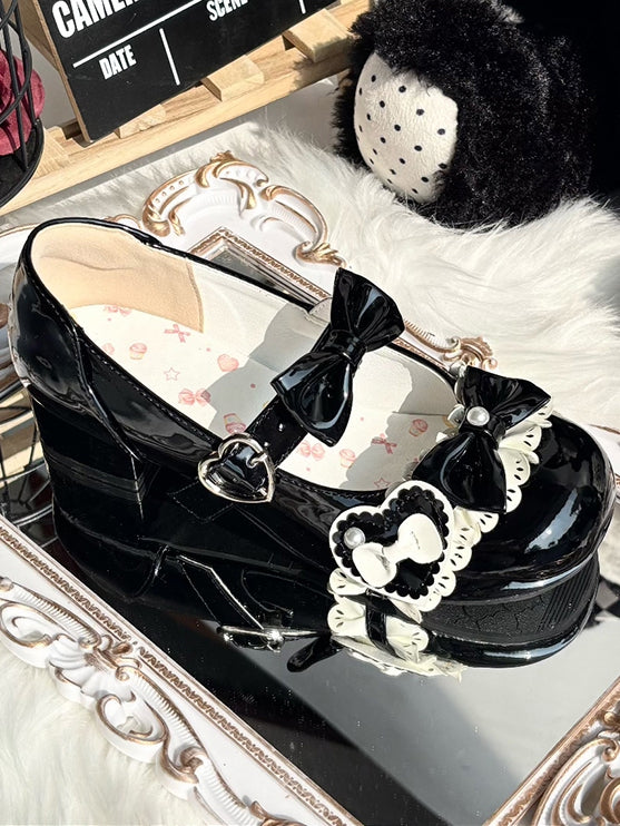 Black Lolita Low Heels with Round Toe, Beadwork, Heart Buckles - SuperPink