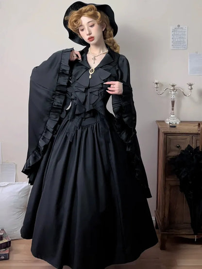 Black / Dark Blue Long Bell Sleeves Aristocrat Gothic Shirt