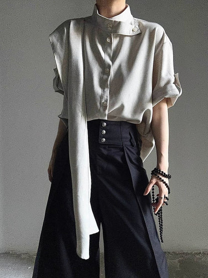 Short Shirt Unisex Collar Extended Sleeve Stand with Beige