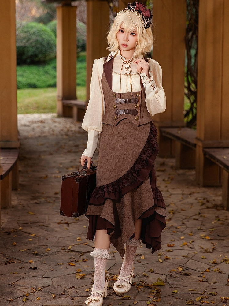 Lolita Steampunk Asymmetrical Trim Skirt with Lace Coffee Ruffled