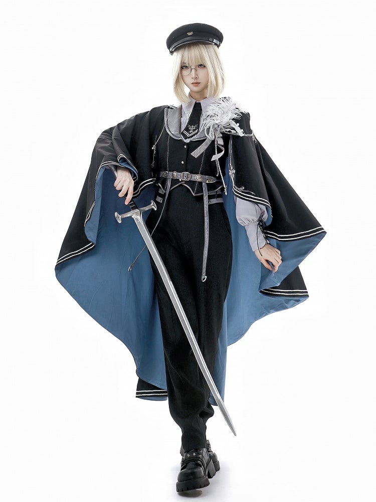 Militärweste, schwarze Hose, Ärmel, Hemd, grau + Lolita-Prinz-Outfit, lang, modisch, Ouji, Taille hoch und