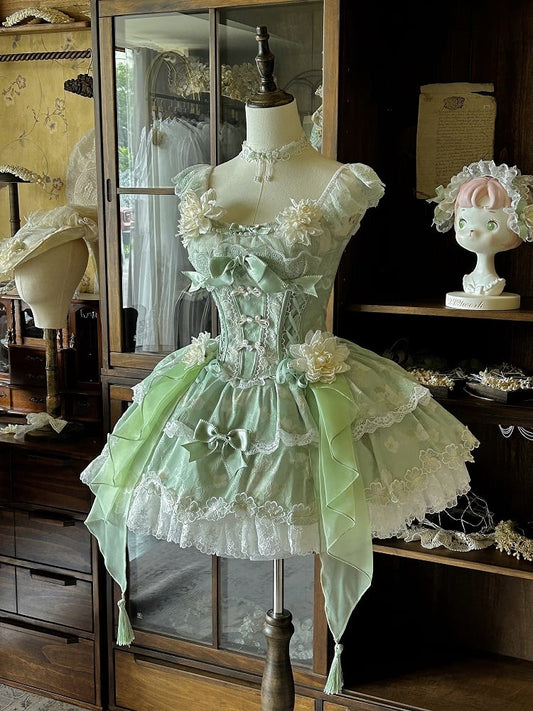 Short Skirt Green Frog Buttons Jasmine-Embellished + Lolita Version with Print Corset Floral Top