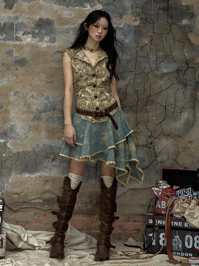 Buchstaben Khaki Top Denim Taschentuch Rock Punk Kapuzenkleid