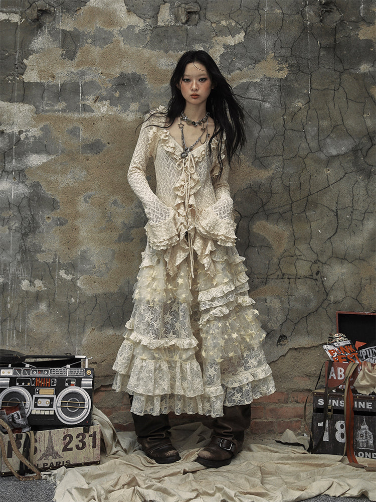 Drawstring Bell Detail Vintage with Ruffle Apricot Sleeves Blouse