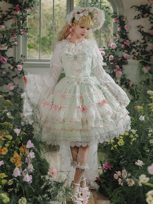 ミントグリーンの花嫁の蝶結び飾り付きレイヤードスカート、スウィート姫ロリータジャンパースカートセット