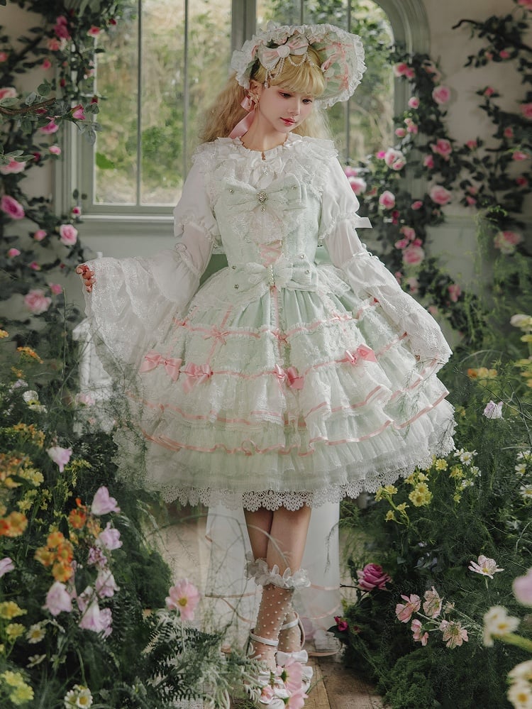 Ensemble jupe salopette Hime Lolita superposée à nœuds vert menthe | Huating