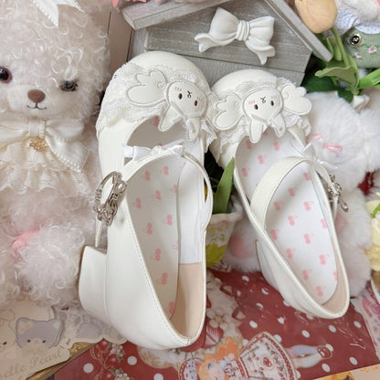 Applique Accents Low/Mid Wing Heels Sweet White - Lolita Toe Round Rabbit