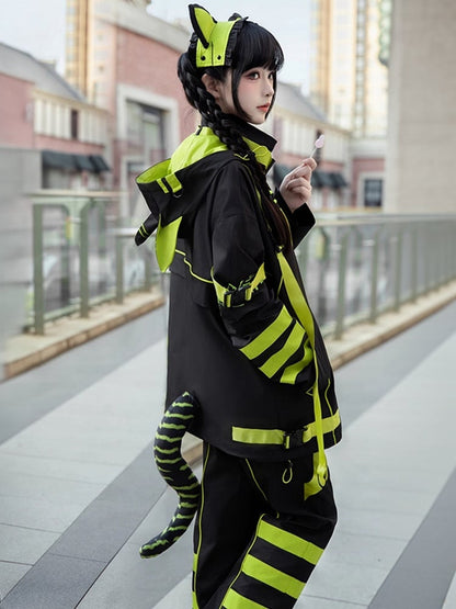 Black and Green Futuristic Cyber Techwear Buckle Straps Cat Ears Hooded Windbreaker Jacket