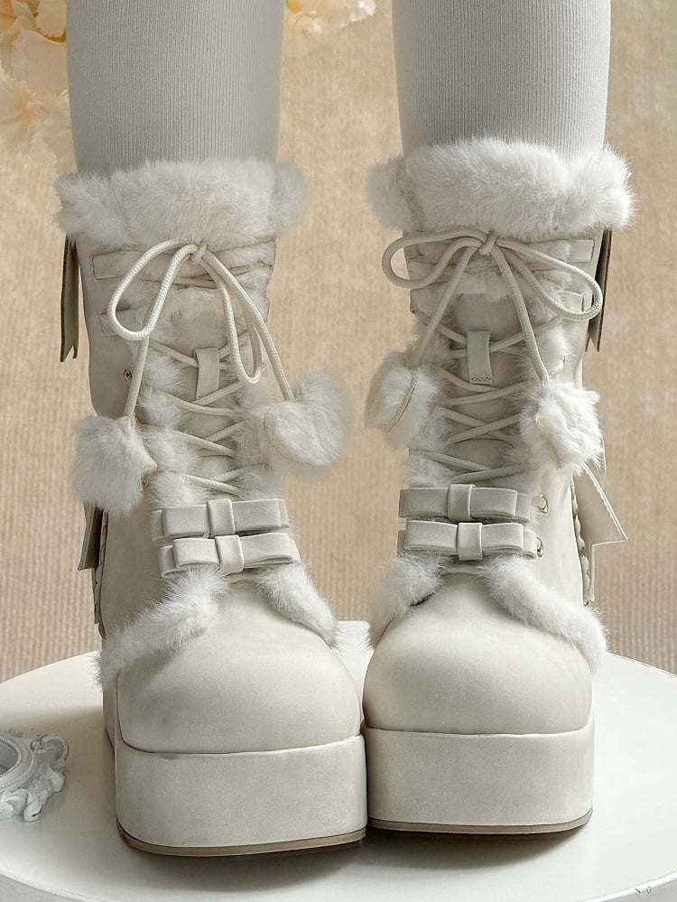 Fleece White Bow Sweet Lining Star Platform Boots Lolita Charm And Pompon Shoelaces for Heart Decor with Winter 4cm -