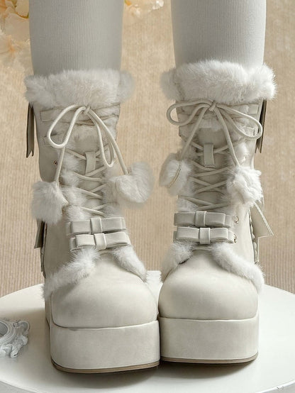 Fleece White Bow Sweet Lining Star Platform Boots Lolita Charm And Pompon Shoelaces for Heart Decor with Winter 4cm -