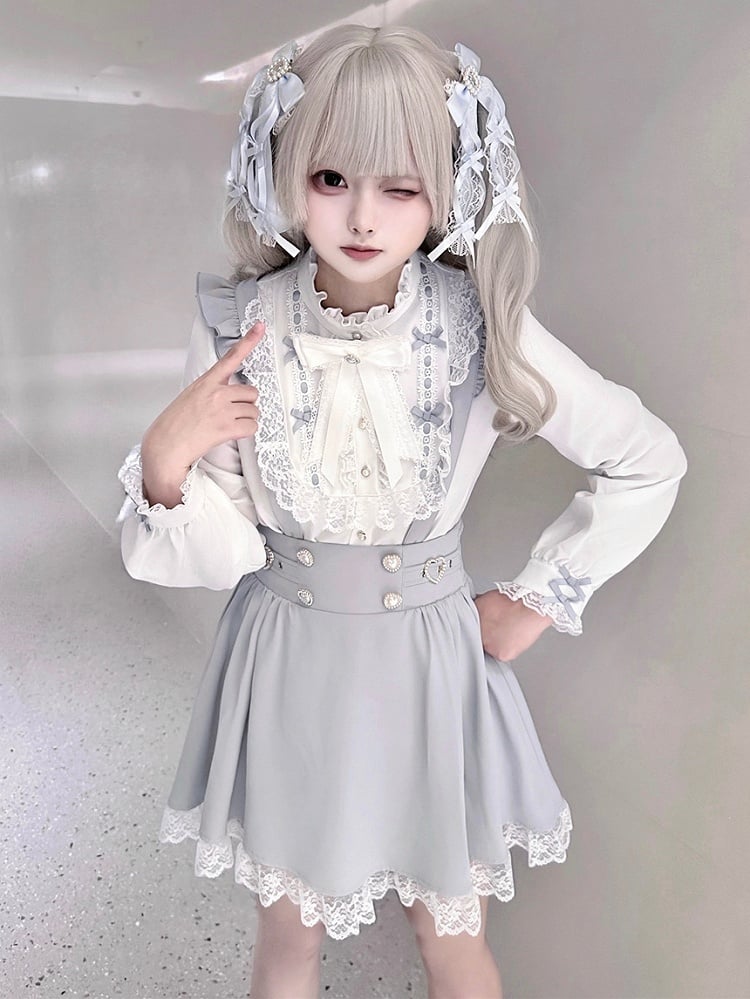 Blue with Dusty Blouse Tie | Included Jirai Ruffle Kei Bow Free and Neckline White