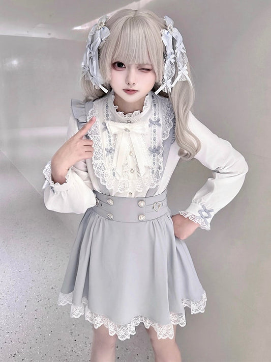 Bow with Ruffle White Included Jirai Free Blue and Neckline Kei Blouse Tie | Dusty