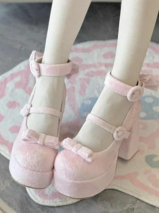 Shoes Velvet Clasp with Elegant Detachable Circle Lolita Bow Pink