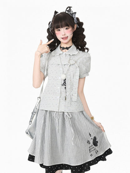 White Plaid Peter Pan Collar Shirt with Puff Sleeves and Heart Buckle - Languid Park