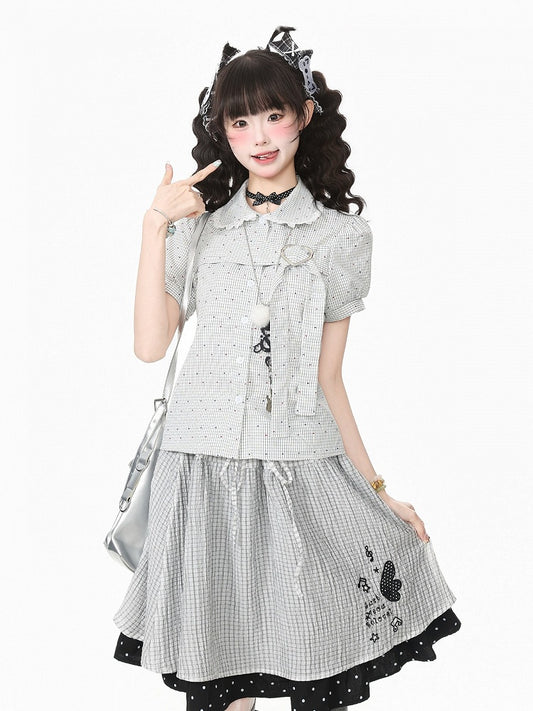 White Plaid Peter Pan Collar Shirt with Puff Sleeves and Heart Buckle - Languid Park