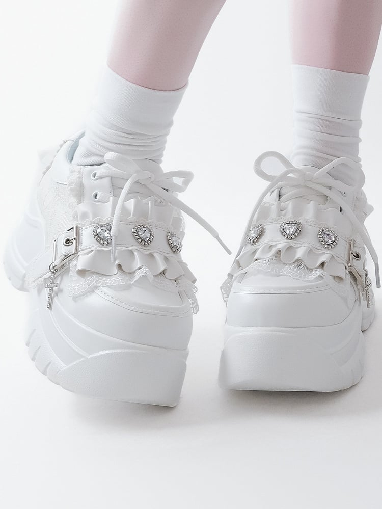 Lacing Crystal Kei Heart Back Jirai Shoes - Platform White