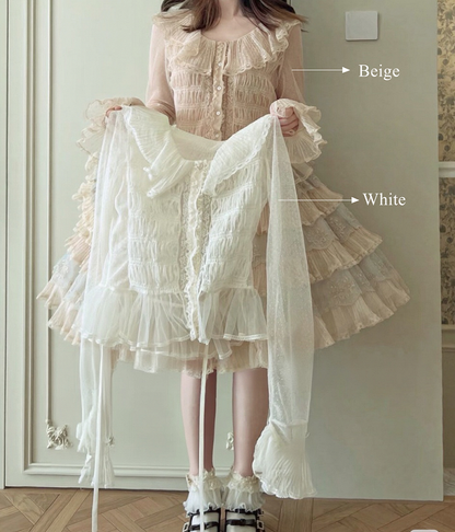 Beige Elegant Lolita Sleeves Blouse with Hem Ruffled Long
