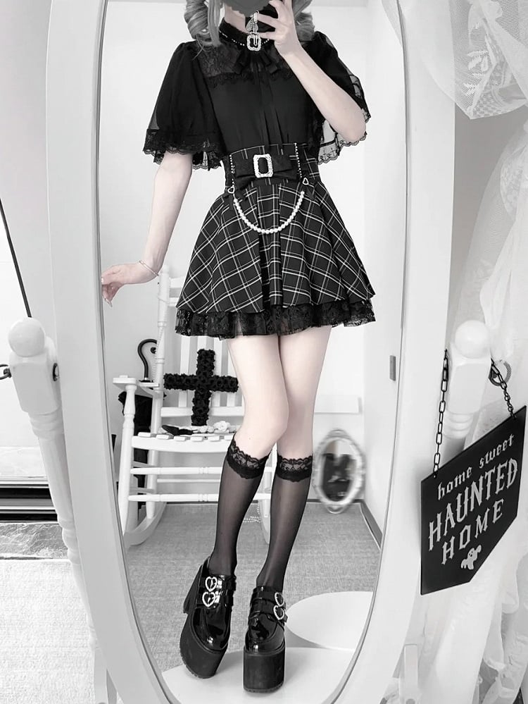 Jirai Sleeves Black Cape Short Sleeve with Kei Neckline Top Illusion
