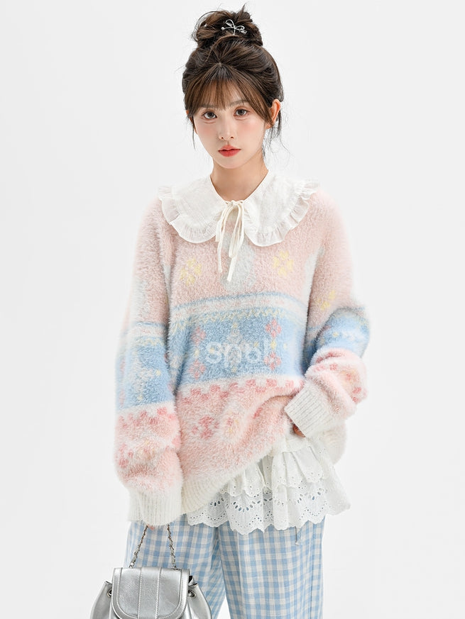 ピンクのかわいいウサギ柄ラウンドネックソフトセーター