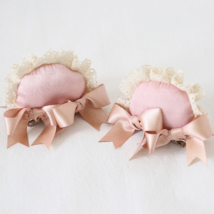 Green Lace Hairclips Lolita Bear / Cute Ear Pink and