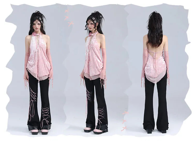 フレアディテール レースアップパンツ ブラック