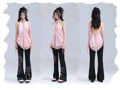 フレアディテール レースアップパンツ ブラック