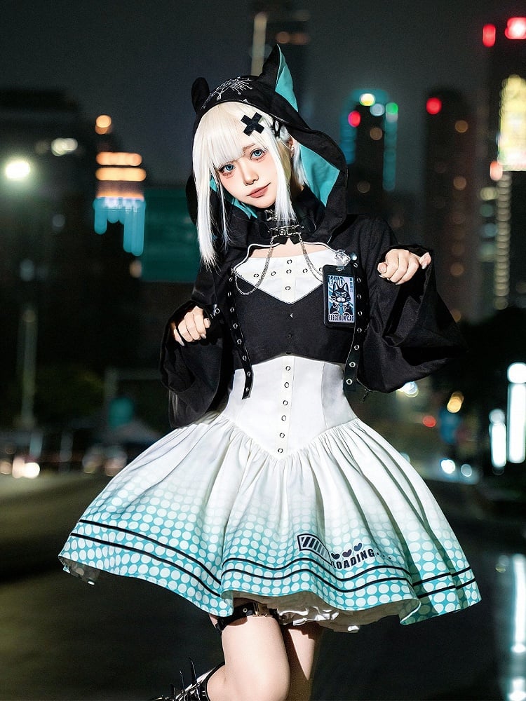 Cropped Long-Sleeve Hoodie Top with Cat Ears, Metal Buckles in Black & Blue - Xiong Dou Jiang