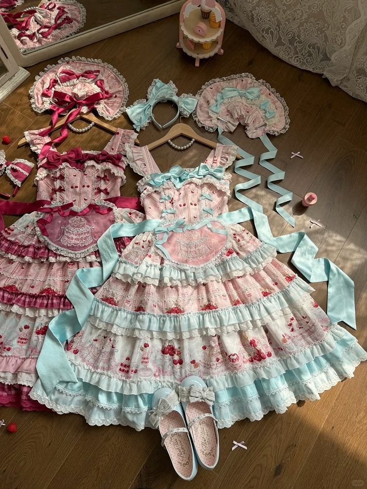 Blue Cherry Cake Print Sweet Lolita Dress with Bow Details - Strawberry Fantasy