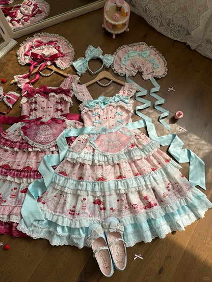 Blue Cherry Cake Print Sweet Lolita Dress with Bow Details - Strawberry Fantasy