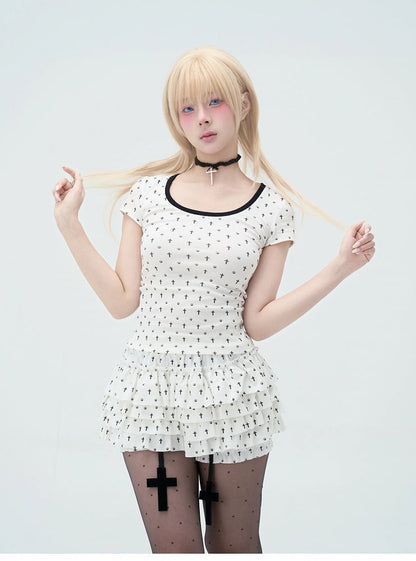 with Skort Ruffles Charms Cross Pastel Cat Paw and Cross Print Tiered Gothic White Allover