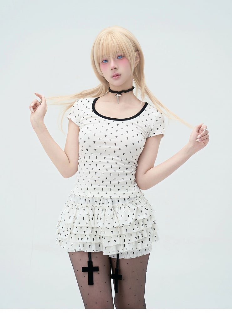 Detail Back Cat Paw Print Cat Ears and T-Shirt White at Allover Black Cross Pastel Gothic