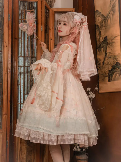 Rosa Han Lolita-Kleid mit Empire-Taille in Pfirsich- und Pfirsichblüten-Print