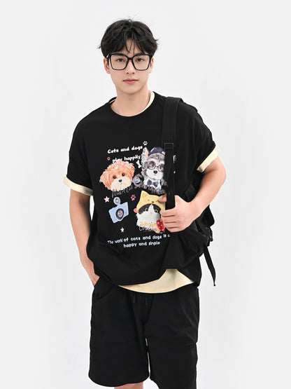 ホワイト/ブラック/ダークブルー ラウンドネック 子犬と子猫プリント ルーズTシャツ