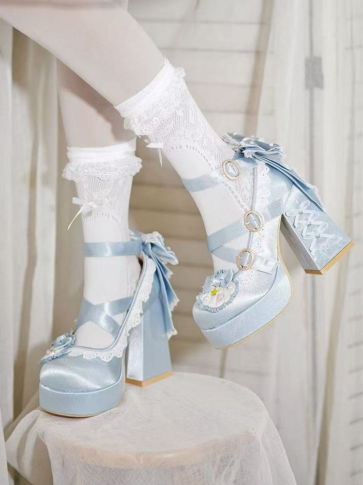 Light Blue Round-Toe Lolita Shoes, 11.5CM Bowknot Block Heel, Pearl & Shell - Bad Bear